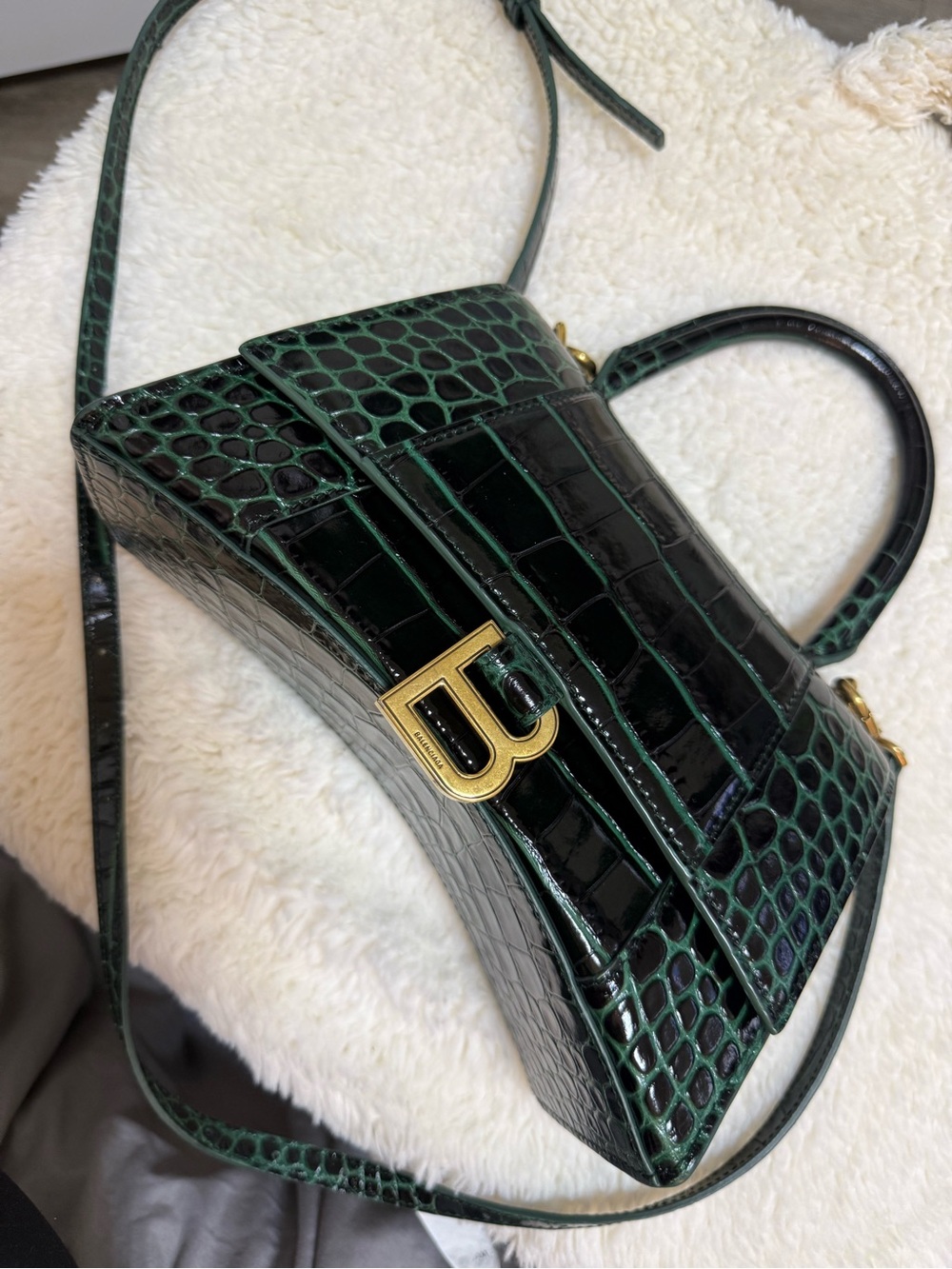 Balenciaga Hourglass Mini Top Handle Bag in Dark Green Croc Embossed